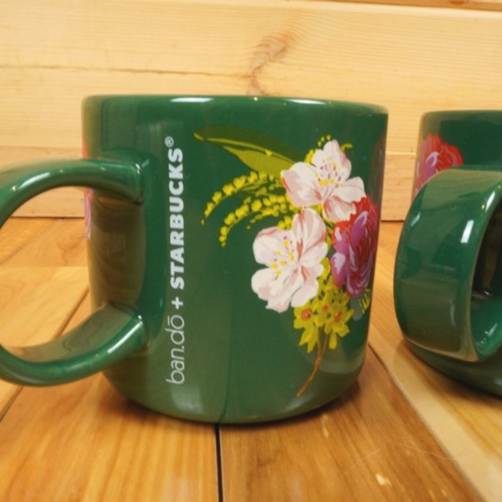 Starbucks Set of Two 12 oz Green Floral Mugs